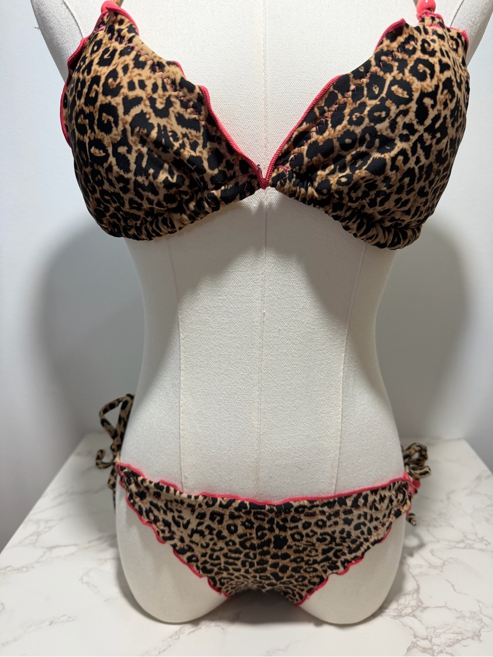 Vintage Y2K Xhilaration Leopard Print Bikini with Pink Ruffle Beaded‎ Trim -- S - Picture 6 of 15